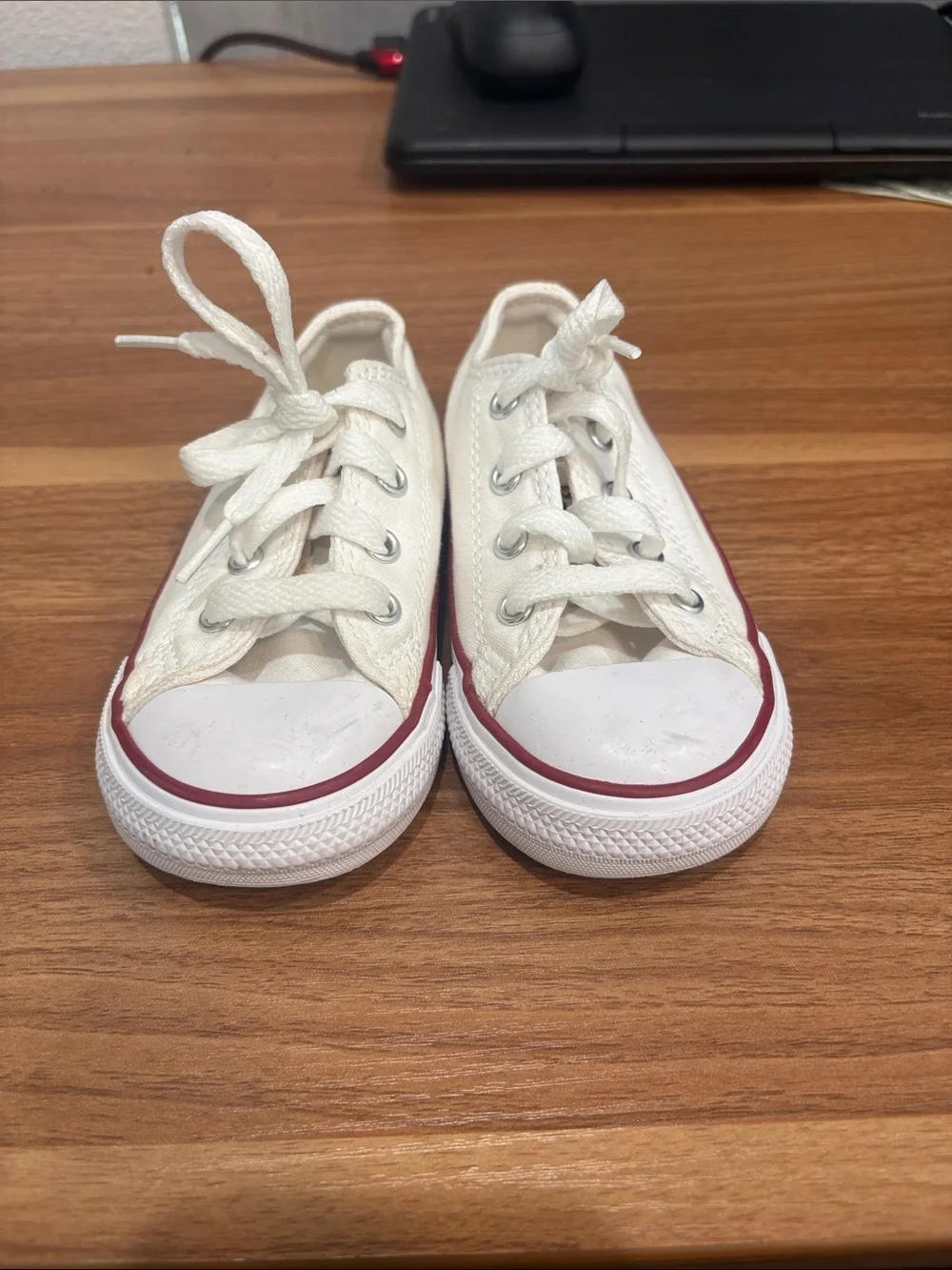 Converse Kids Low Top White Canvas Sneakers with Red Trim